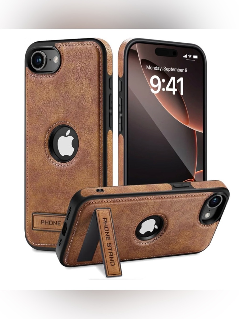 Brown Leather iPhone 16E Case with Built-in Kickstand